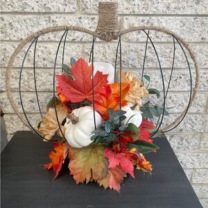 Autumn Pumpkin Wire Frame Decor with Leaves